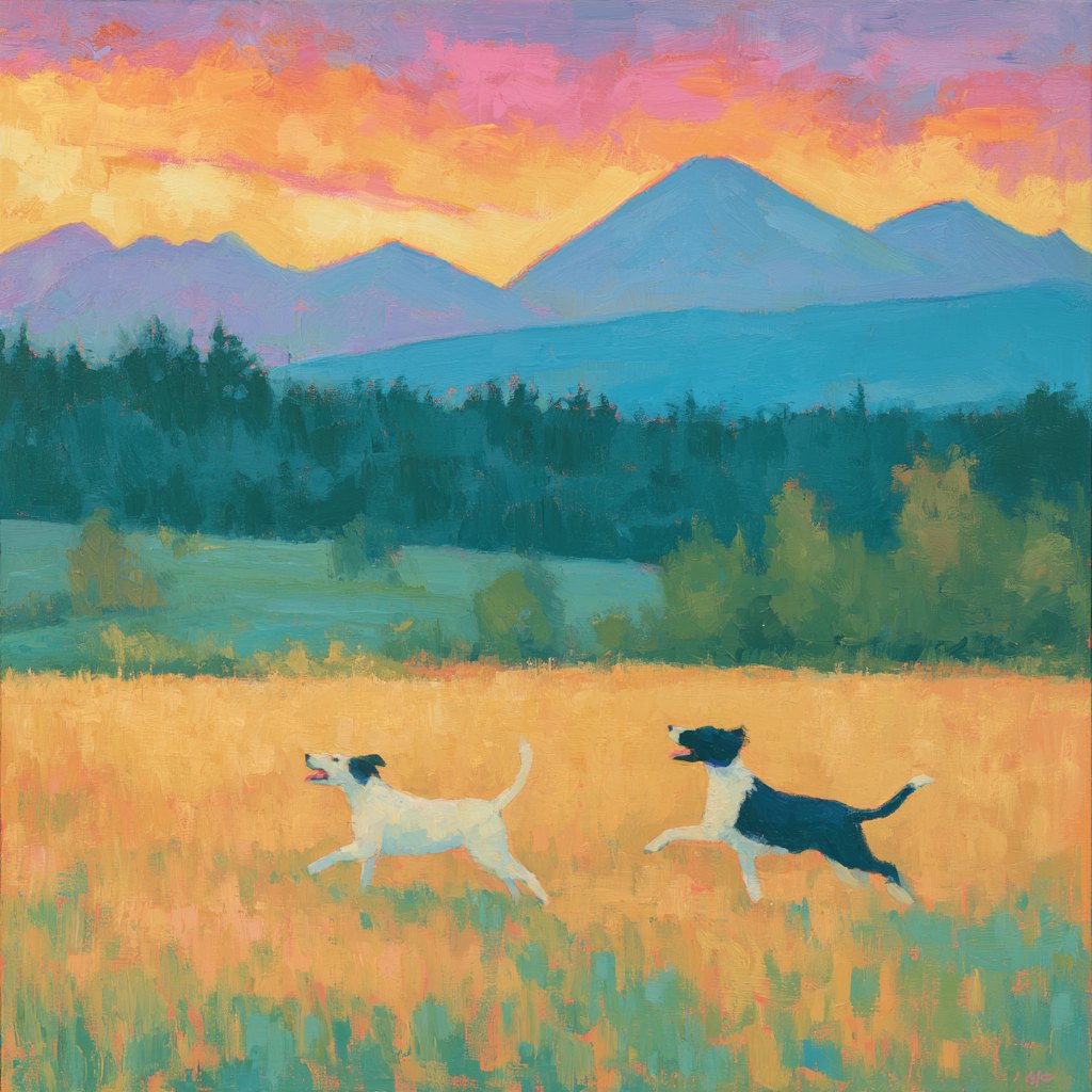 Two dogs running joyfully through a golden Comox Valley meadow at sunset
